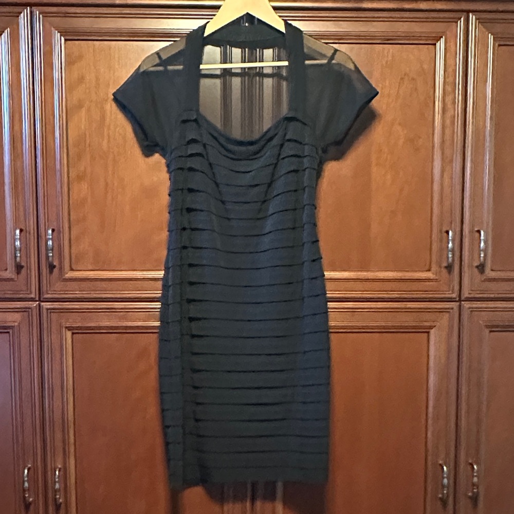 Maggy London Pleated Black Dress with Mesh Sleeves